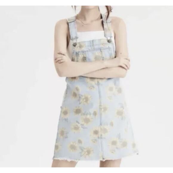 American Eagle Outfitters Overall Denim Dress Jumper Sz XS Sunflower Floral - Picture 14 of 14